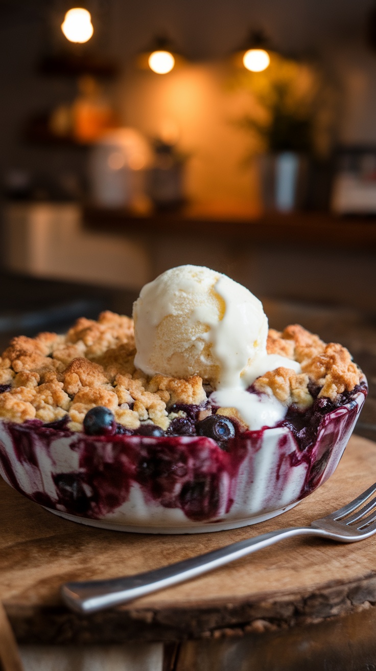 A delicious classic blueberry crumble with oats, topped with ice cream, set on a wooden table.